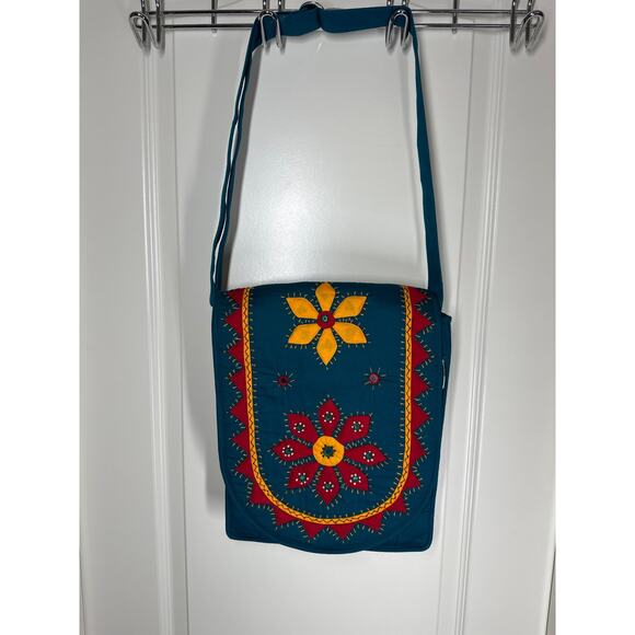 Handcrafted Turquoise Teal Laptop Shoulder Bag Ethnic Applique Floral Design - Picture 1 of 10
